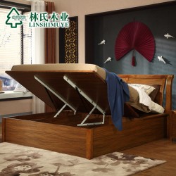 林氏木业实木床1.5 1.8米双人床 中式床储物高箱气动床家具LS8004
