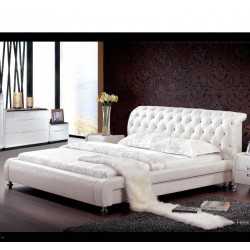 出口法国俄罗斯澳大利亚原单 白色真皮床 拉水晶扣床  双人床