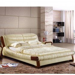 厂家批发零售 带木架床 真皮床 弧形边双人床 米黄色皮床