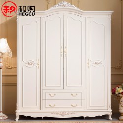 和购家具 欧式衣柜白色田园衣柜四门大衣柜实木组装衣橱特价636