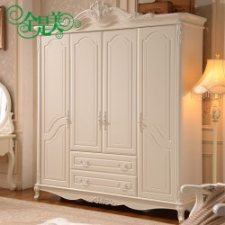 欧式家具 田园实木质雕花四门组合衣柜 法式衣柜 白色储物衣柜