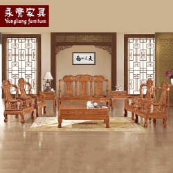 【濠亮家具】实木沙发 批发生产 供应茶色牡丹8件实木沙发 批发