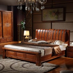 内外家具 进口橡胶木实木床胡桃色1.8中式床板床 高箱床9130