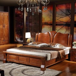 内外家具双人床床新中式橡胶木胡桃色色1.8米卧室床厂家直销9135