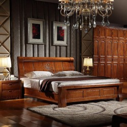 内外家具2014新款橡胶木实木胡桃色1.8米大床 实木床9120工厂批发