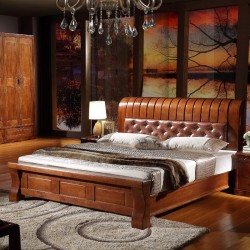 内外家具 胡桃木色橡木床现代中式家具 大床1.8米工厂直销9155