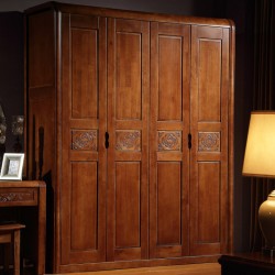 内外家具现代中式实木衣柜 开门大衣橱 胡桃木色四门储物柜906