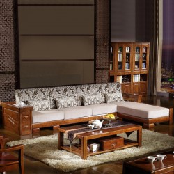 内外家具全实木橡胶木花转角沙发胡桃木色中式布艺沙发6805