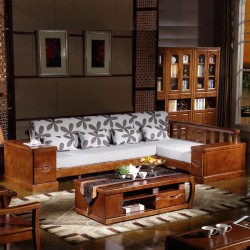 内外家具全实木橡胶木花转角沙发胡桃木色中式布艺沙发6808