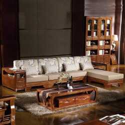 内外家具全实木橡胶木花转角沙发胡桃木色中式布艺沙发6809