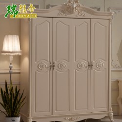 高档顶花四门衣柜 欧式实木衣柜 荷花白色四门实木衣柜 特价批发