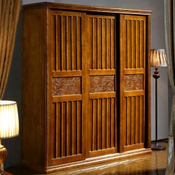 现代中式橡木实木衣柜 黄金胡桃色推拉门移门3门卧室家具衣橱带镜