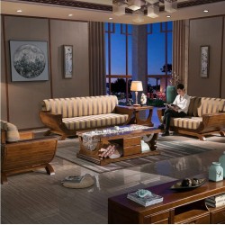 高端实木沙发组合 橡木客厅实木布艺沙发U型 1+2+3月亮弯现代中式