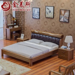 【金美斯】现代实木家具 中式家具 虎斑木床 1.8米双人实木床 真皮实木婚床