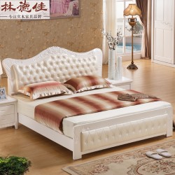 【林德佳】实木床橡木欧式床白色1.8米双人床特价简欧储物高箱实木家具批发