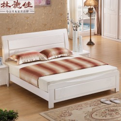 【林德佳】实木床1.8米白色双人床1.8M现代中式 婚床双人床高箱储物床橡木