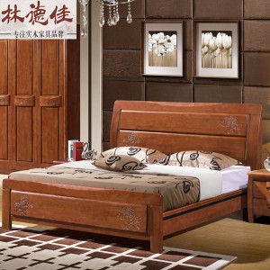 【林德佳】实木床胡桃色橡木橡胶木高箱婚床特价双人床1.5m1.8米南康家具