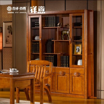 木景佳府现代中式实木四门书柜 时尚家用橡木组合书柜储物资料柜