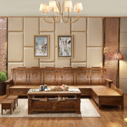 2017年新款雕花设计中式实木沙发 小户型客厅香樟木沙发带茶几
