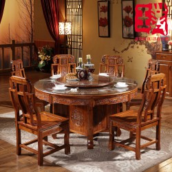 中式实木餐桌椅组合 圆桌带转盘雕花仿古餐桌椅 香樟木餐桌椅