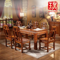香樟木实木餐桌椅组合 一桌六椅长方形中式餐桌椅 雕花实木家具