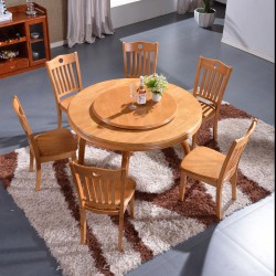 实木餐桌椅组合 橡木圆形家用大饭桌 圆形带转盘餐桌 橡胶木餐桌